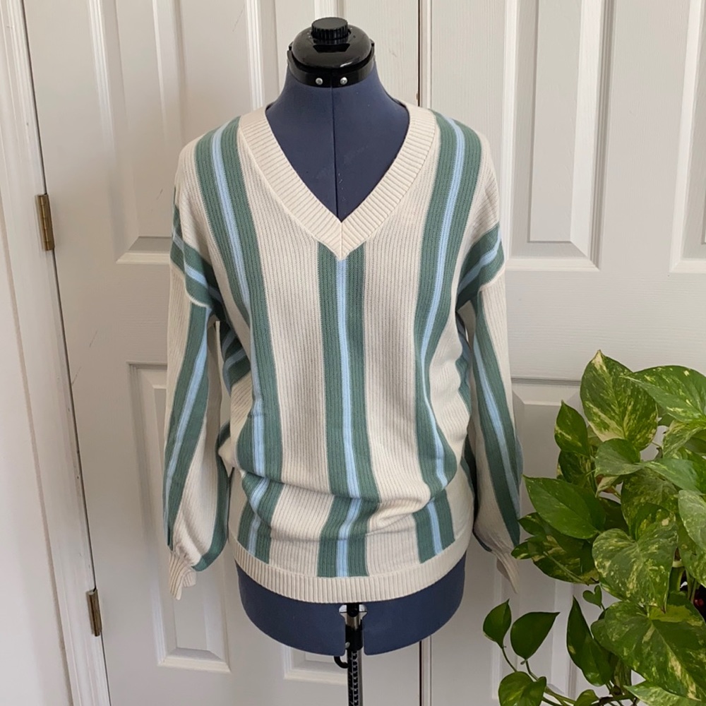 Green and White V-Neck Striped Sweater